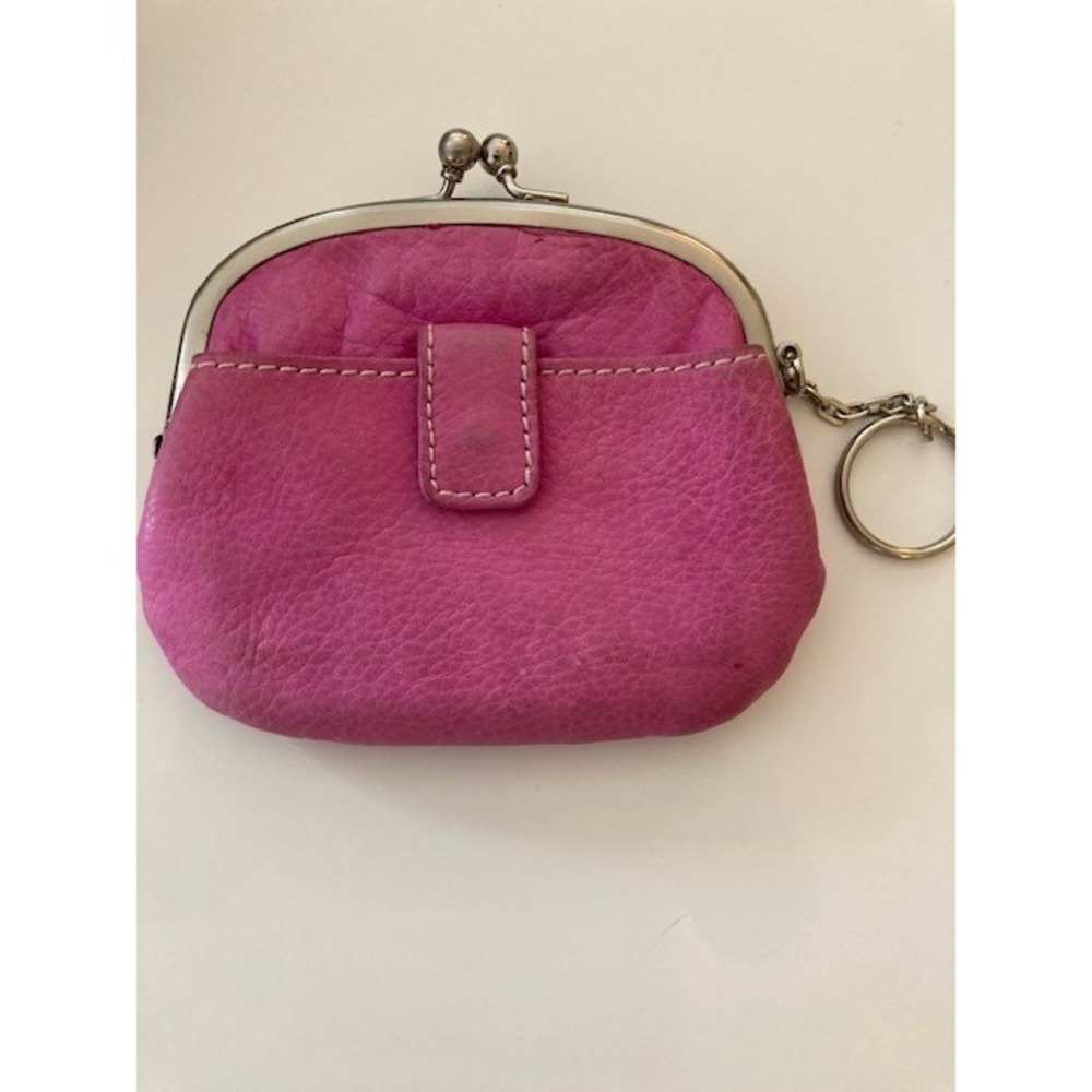 Small Pink Leather Kiss Lock coin purse with key chain and credit card slots